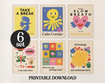 Conjunto imprimible para rincón de la calma / 6 pósteres de emociones para niños / Tabla de sentimientos / Decoración para un rincón relajante / Descarga digital / Para el aula o el hogar