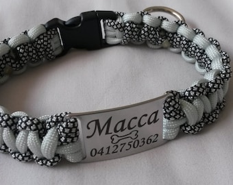Collare per cani in paracord con targhetta in acciaio inossidabile con incisione. Realizzato su misura. Non regolabile.