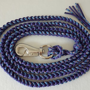 May include: A purple and blue braided dog lead with a silver clip. The lead is made of a thick, durable material and has a bright, colourful design.