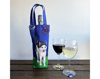 Cat Wine Bag + Wine charm Set -DRUNKEN CAT- Cat Wine Tote Drink Marker Wine gift bag Wine Carrir Bag Cat wine Charm set Hostess gift