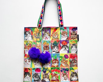 NEW!! Cat Tote Bag -Fortune Telling- Cotton Purse with Pompom charm key ring Kitty portraits Cotton tote Vegetables Veges cat lover gifts