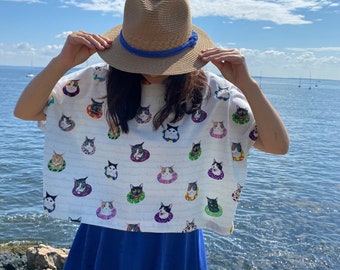 Cat Boxy Blouse Shirt _Swimming Competition_ Cotton Oxford Shirt Comfy Top Cropped Top Cat prints Comfy Shirt Cotton Pullover