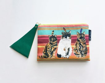 Cat Zipper Pouch with Leather puller -ARIZONA-  Cosmetic pouch Makeup pouch Small purse Cactus print