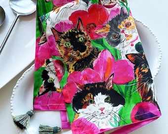Cat Tea Towel _Girls with Poppies, Kitchen towel with Tassels, Cat Dish Towel, Kitchen Decor, Cats and flowers, Cotton Tea towel, Calico cat