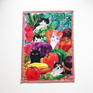 Cat Tea Towel -OH! HEALTHY-  Cat dish towel Cats in Vegetable garden cats tea towel Kitchen Towel Dishcloths cat lovers Cat themed gifts