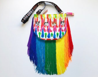 Fringe Shoulder Bag/Rainbow Cats_Watercolor-1/Fringe Purse/Rainbow Fringe/Cat purse/Fringe Bag/