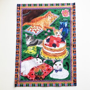 Cat Tea Towel -TABLE MANNER-  Cat dish towel Cats with Cake and Flowers cats tea towel Kitchen Towel Dishcloths cat lovers Cat themed gifts