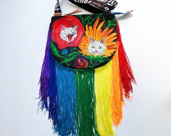 Cat Crossbody Bag/Rainbow Cats_Flower-3/Fringe Purse/Rainbow Fringe/Cat purse/fringe shoulder bag