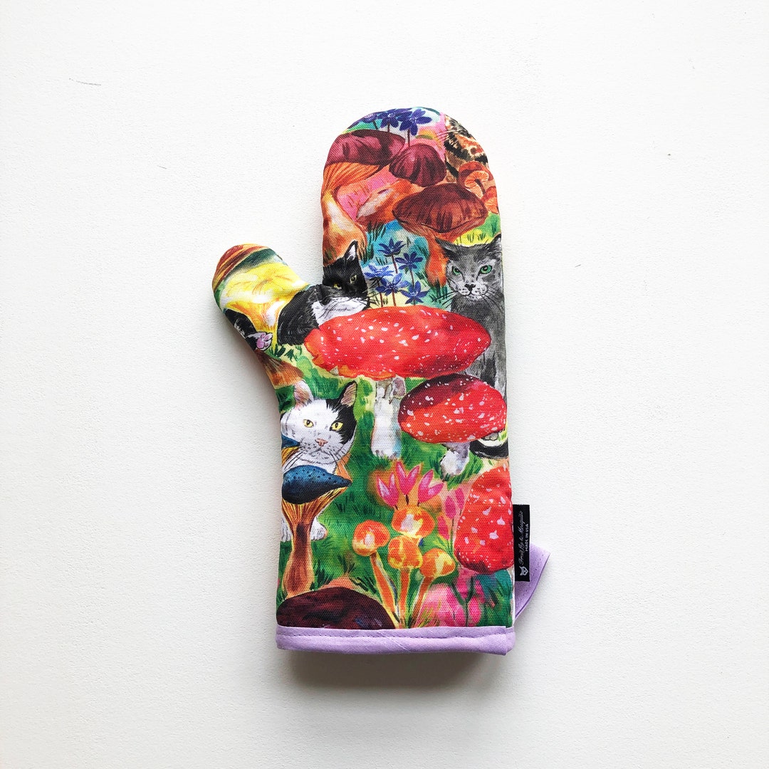 Cat Oven Mitt HIDE and SEEK Cats in Mushroom Paradise Print Etsy