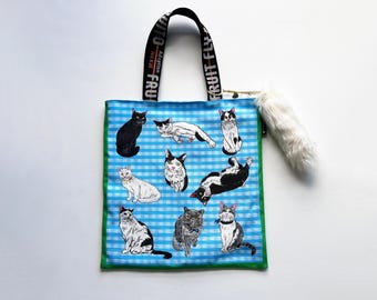 NEW!! Cat Tote Bag -Othello- Cat Cotton totes with Faux fur Tail charm black and white kitties cat lover gifts