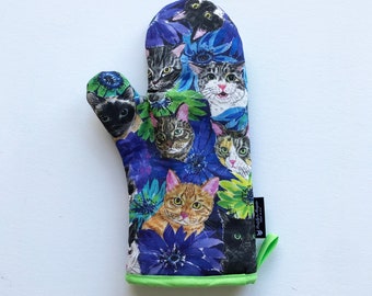 Cat Ovenmitt -Cats Blossom- Indigo Flowers and Cats Oven mitts, Cat Pot Holders, Gifts for her, Cat Lover gifts,