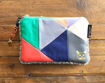 Leather Patchwork Purse Green Patchwork Clutch Multi color Leather Pouch with Faux Shearling Color Blocked Embossed Metallic Cat with charms