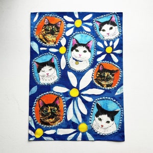 Cat Tea Towel -DAISY-  Cats & Flowers Kitchen Towel Kitty Tea Towel Cotton towel Cat dish towel