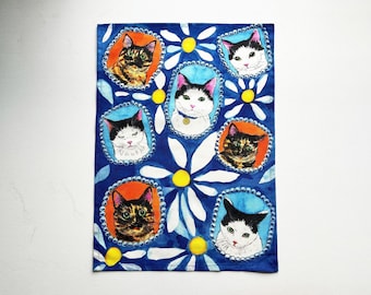 NEW!! Cat Tea Towel -DAISY-  Cats & Flowers Kitchen Towel Kitty Tea Towel Cotton towel Cat dish towel