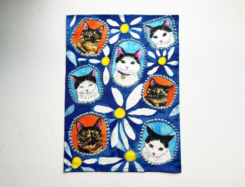 NEW Cat Tea Towel DAISY Cats & Flowers Kitchen Towel Kitty Tea Towel Cotton towel Cat dish towel image 1