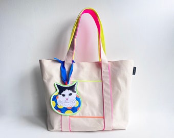 Cat Tote Bag with Charm -Swimming Competition _ Q-chan- Canvas x Neon Accents Swimming cats Tote bag Cats Illustration Canvas Beach Tote