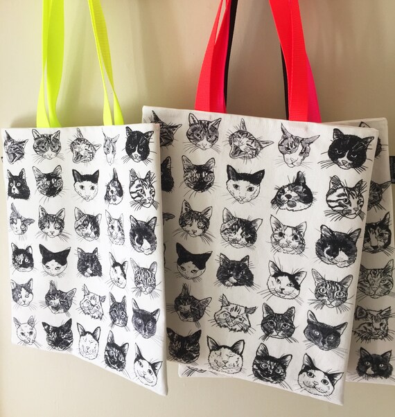 Cat Tote Bag With Neon Handle Orange Our Hairy Friends White Cotton Cat Print X Neon Orange Handle Cat Purse Cat Tote Bag Canvas Etsy Canada