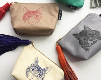 Cat Leather Tassel Pouch - FUJIKO-2 - Cosmetic Pouch Leather