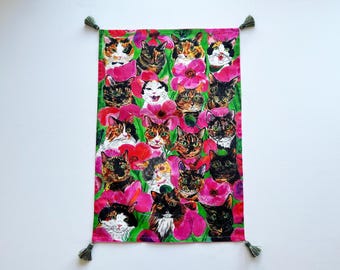 Cat Tea Towel _Girls with Poppies, Kitchen towel with Tassels, Cat Dish Towel, Kitchen Decor, Cats and flowers, Cotton Tea towel, Calico cat