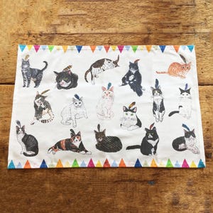 Cat Tea towel HAIRY FRIENDS with Feather Accessories  Cotton Tea towel Linens Kitchen Towel