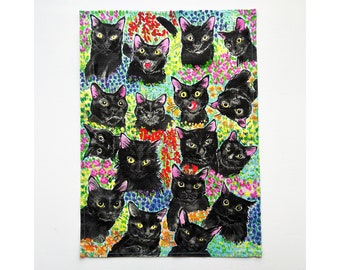 Cat Theedoek -Black Cat 2023- Black Cats & Flowers Keukenhanddoek Kitty Theedoek Katoenen handdoek