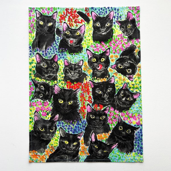 Cat Tea Towel -Black Cat 2023- Black Cats & Flowers Kitchen Towel Kitty Tea Towel Cotton towel