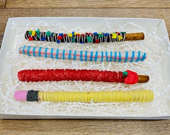 Bretzels enrobés de chocolat, cadeau de remerciement pour un enseignant, cadeau de fin d'année scolaire, bretzels au crayon