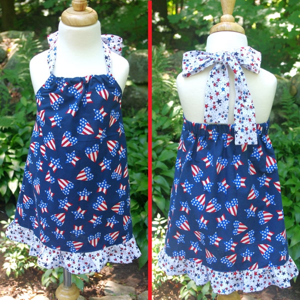 4th of July Sundress, Stars & Stripes, Red, White and Blue, Toddler Girl, Wear Everyday, Cotton, Summer, Size 2, Patriotic, Hearts Print