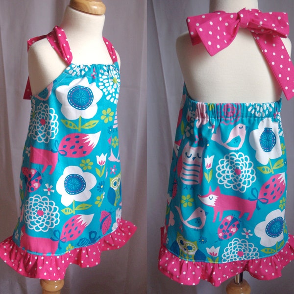 Whimsical Ruffle Sundress, Animal Print Dress, Bright Blue, Pink Polka Dots, Toddler Girl, Wear Everyday, Cotton, Spring or Summer, Size 4