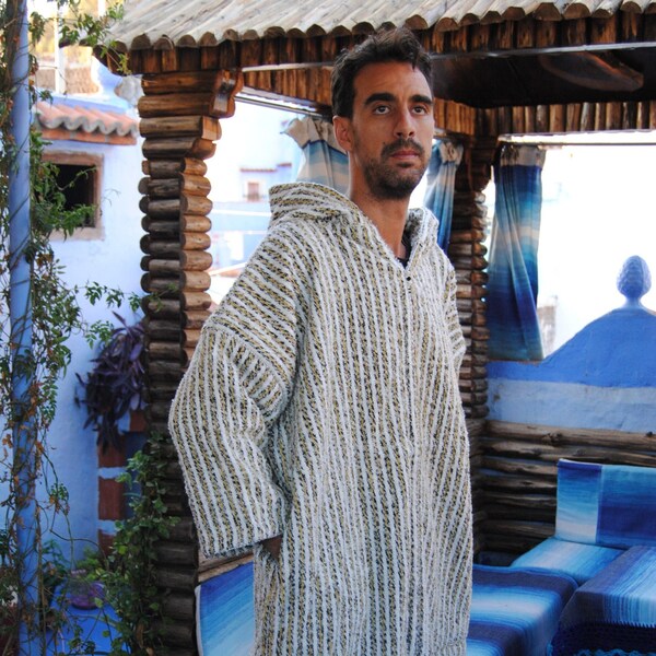 Traditional Moroccan djellaba, Striped Yellow & White Berber clothing kaftan for men, Djellaba men wool, Moroccan dress djellaba wool