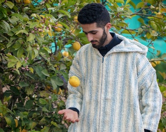 Chilaba tradicional marroquí, kaftan de ropa bereber para hombres, lana de hombre de chilaba de cielo blanco y azul a rayas, lana de chilaba de vestido marroquí