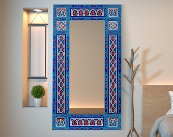 Blue Full length Floor mirror frame, Moroccan handpainted Bathroom Mirror frame, Hanging wall art wooden frame, (Glass not included)