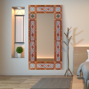 Navy Blue Hand Painted Bathroom Mirror, Large Moroccan Mirror Frames,  Farmhouse Antique Mirror Frames, Wooden Full Length Mirror 