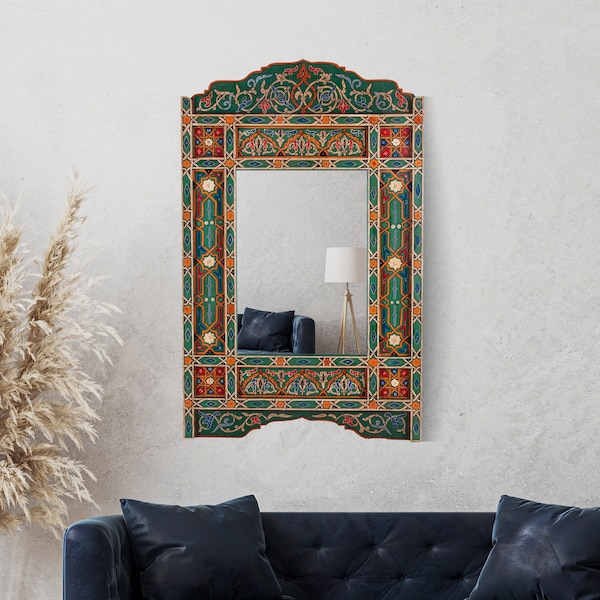 Hand painted, Hanging mirror frame, Wall art, Green rustic decor, Paint furniture, Moroccan Mirror, Paint morocco mirror, Hippie wall decor