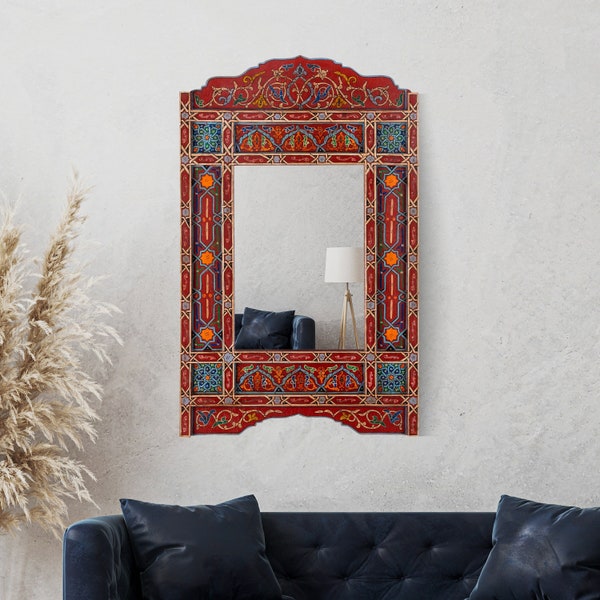 Hanging mirror frame, Hand painted Moroccan wall art, Red rustic decor, Paint furniture, Moroccan Mirror, Hippie wall decor, Nursery mirror