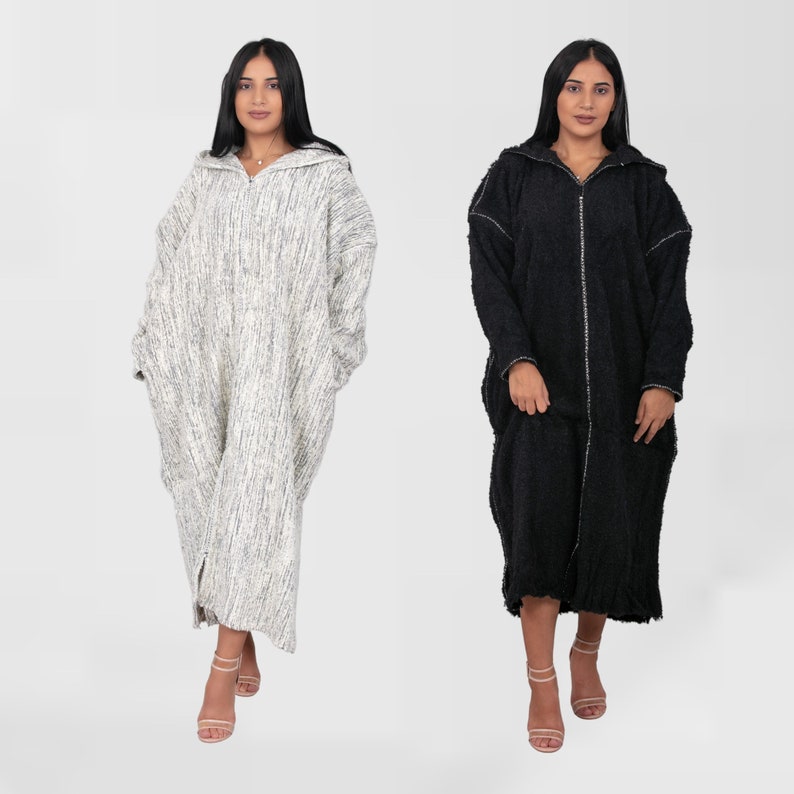 Handmade boho Clothing SET OF 2 Striped Djellaba Cardigan Hoodie Caftan from wool Berber clothing woman, Turtleneck dresses for women