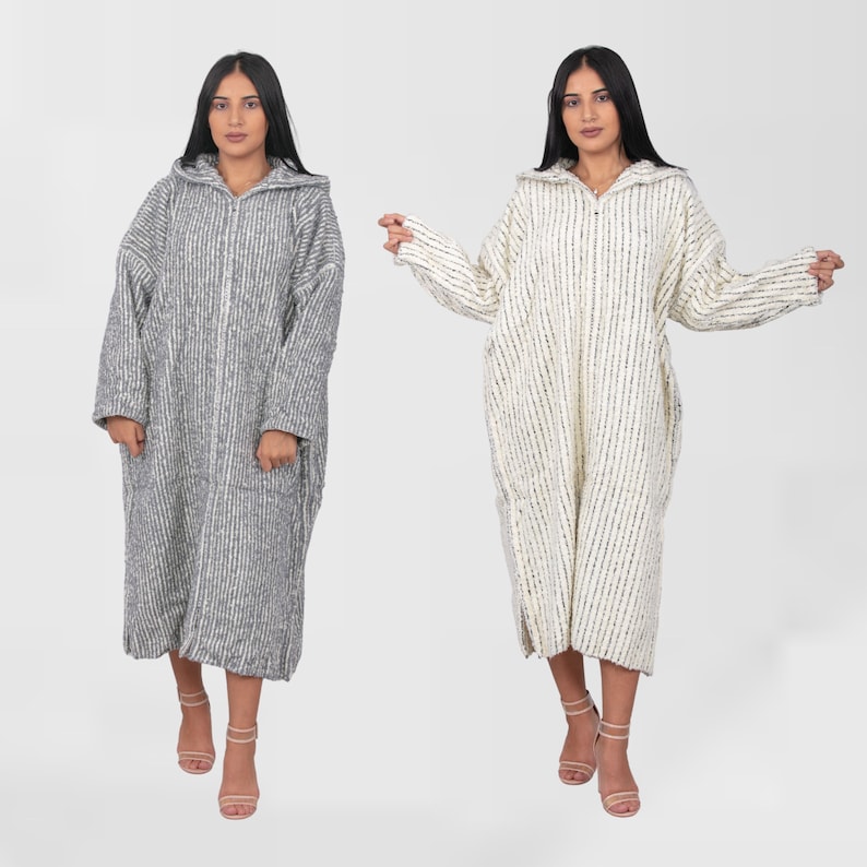 Handmade boho Clothing SET OF 2 Striped Djellaba Cardigan Hoodie Caftan from wool Berber clothing woman, Turtleneck dresses for women