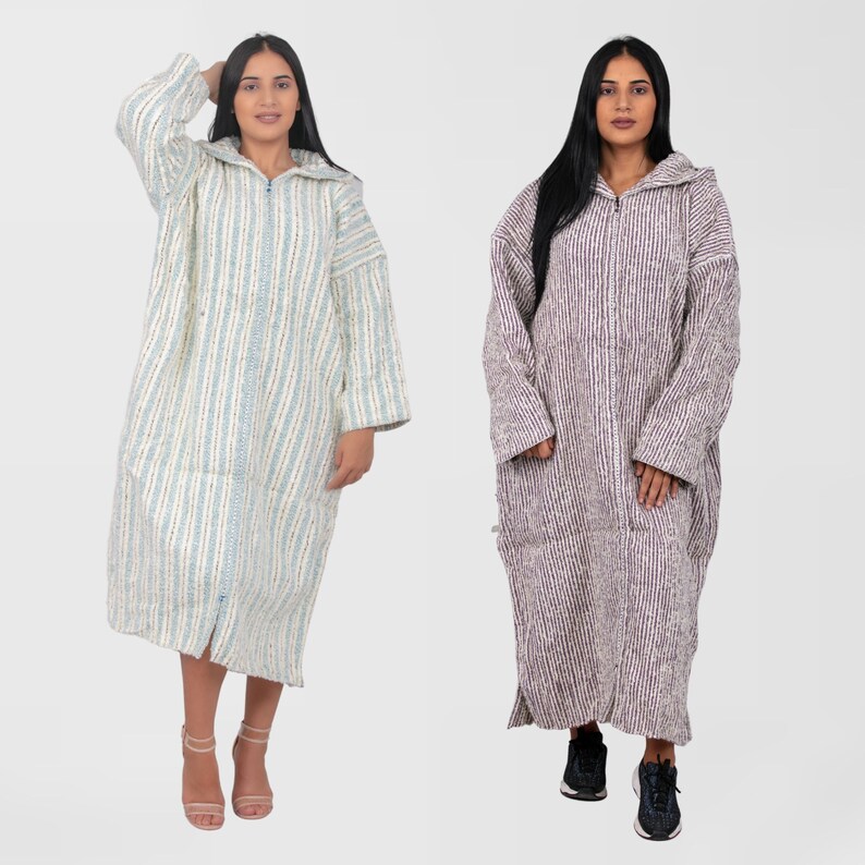 Handmade boho Clothing SET OF 2 Striped Djellaba Cardigan Hoodie Caftan from wool Berber clothing woman, Turtleneck dresses for women