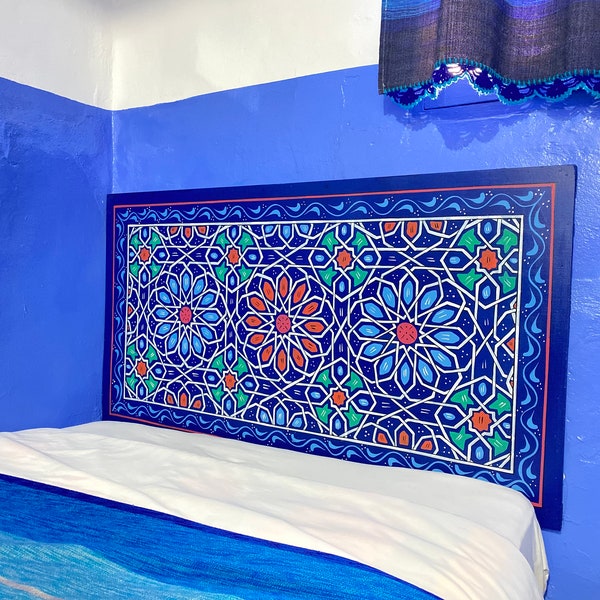 Moroccan pallet wall art decor, Wooden king size headboard, Moroccan wall art, Queen headboard, Live edge headboard art