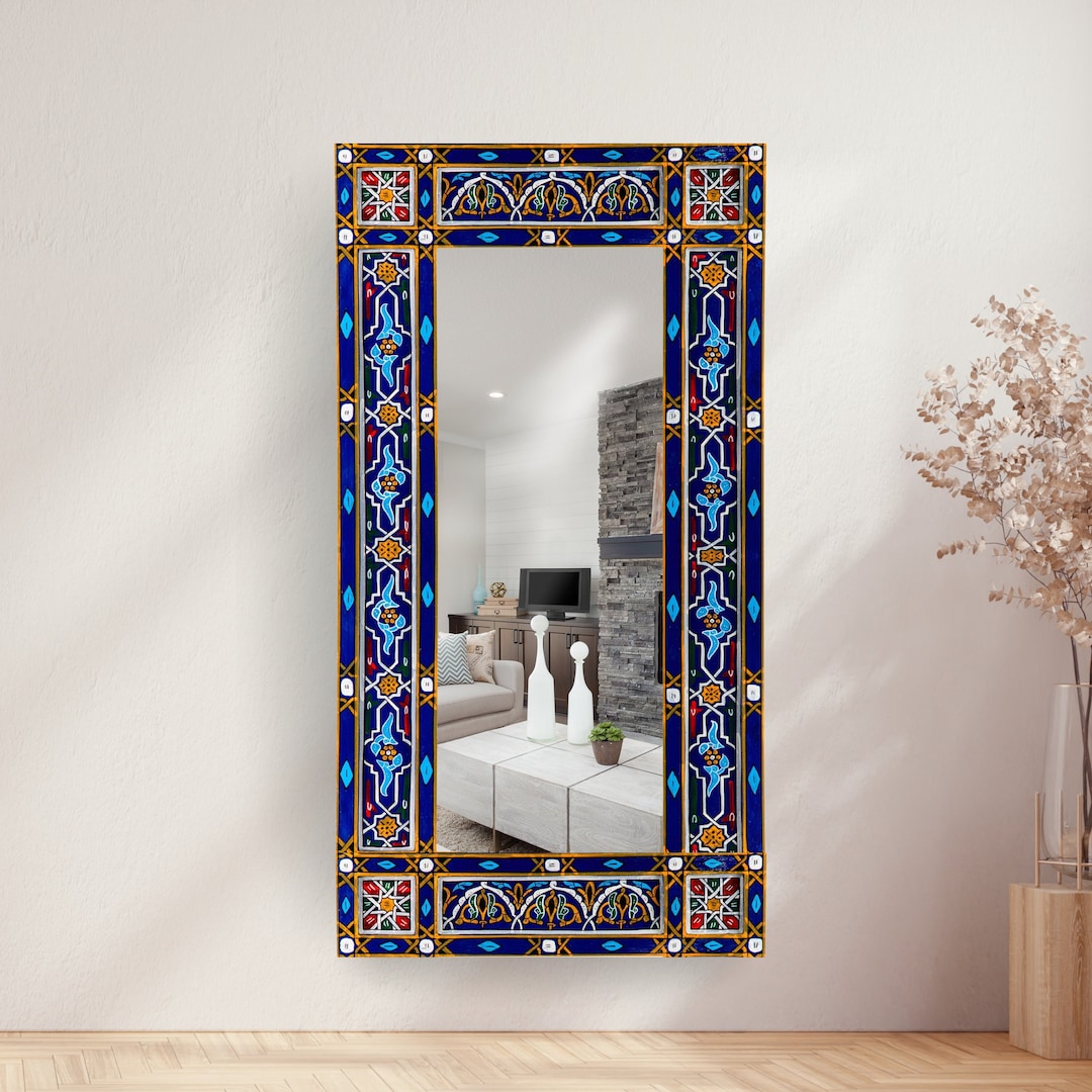 Leaning Navy Blue Mirror Frame, Hanging Wooden Frame, Moroccan Hand