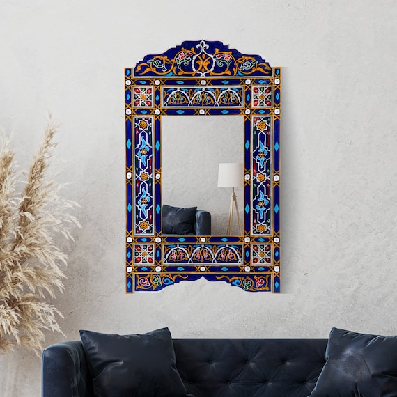 Navy Blue Hand Painted Bathroom Mirror, Large Moroccan Mirror