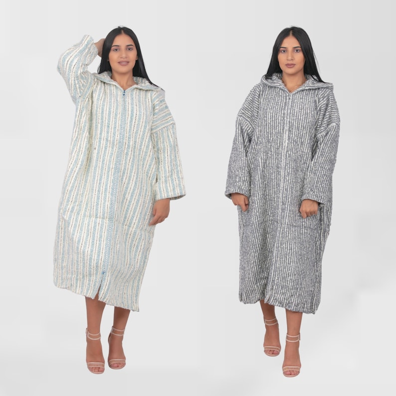Handmade boho Clothing SET OF 2 Striped Djellaba Cardigan Hoodie Caftan from wool Berber clothing woman, Turtleneck dresses for women