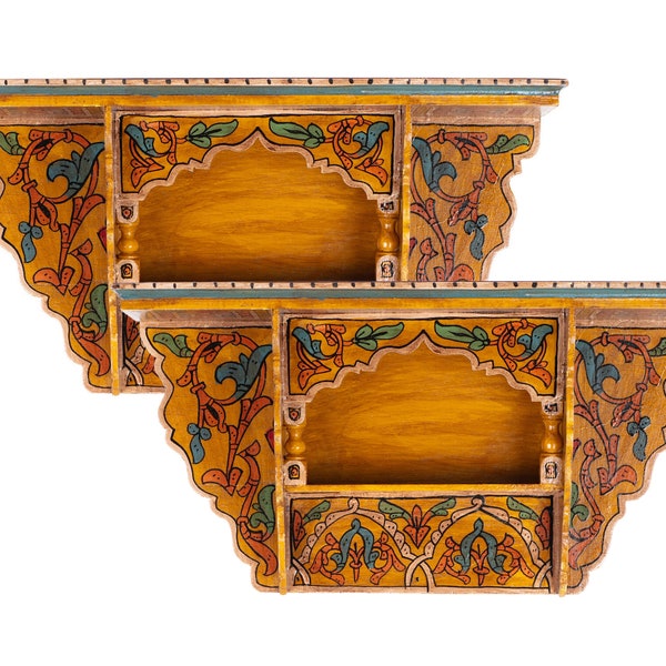 SET OF 2 Yellow Vintage Painted moroccan shelf, Shelves on wall, Rustic wood wall shelf, Small wall shelves, Bathroom hanging shelves