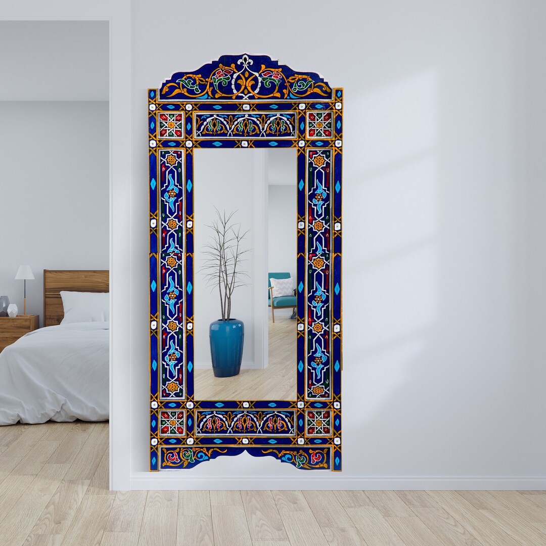 Navy Blue Full Length Floor Mirror Frame, Moroccan Handpainted Bathroom