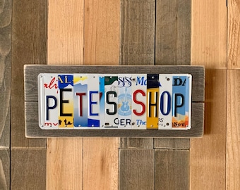 Custom Garage Sign – License Plate Letters on Wood – Personalized Shop or Man Cave Gift
