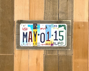 Personalized 11th Anniversary Date Sign – Upcycled License Plate Art on Rustic Wood
