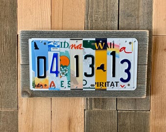 13th Anniversary Date Sign – Personalized MM DD YY from Upcycled License Plates on Rustic Wood Plaque