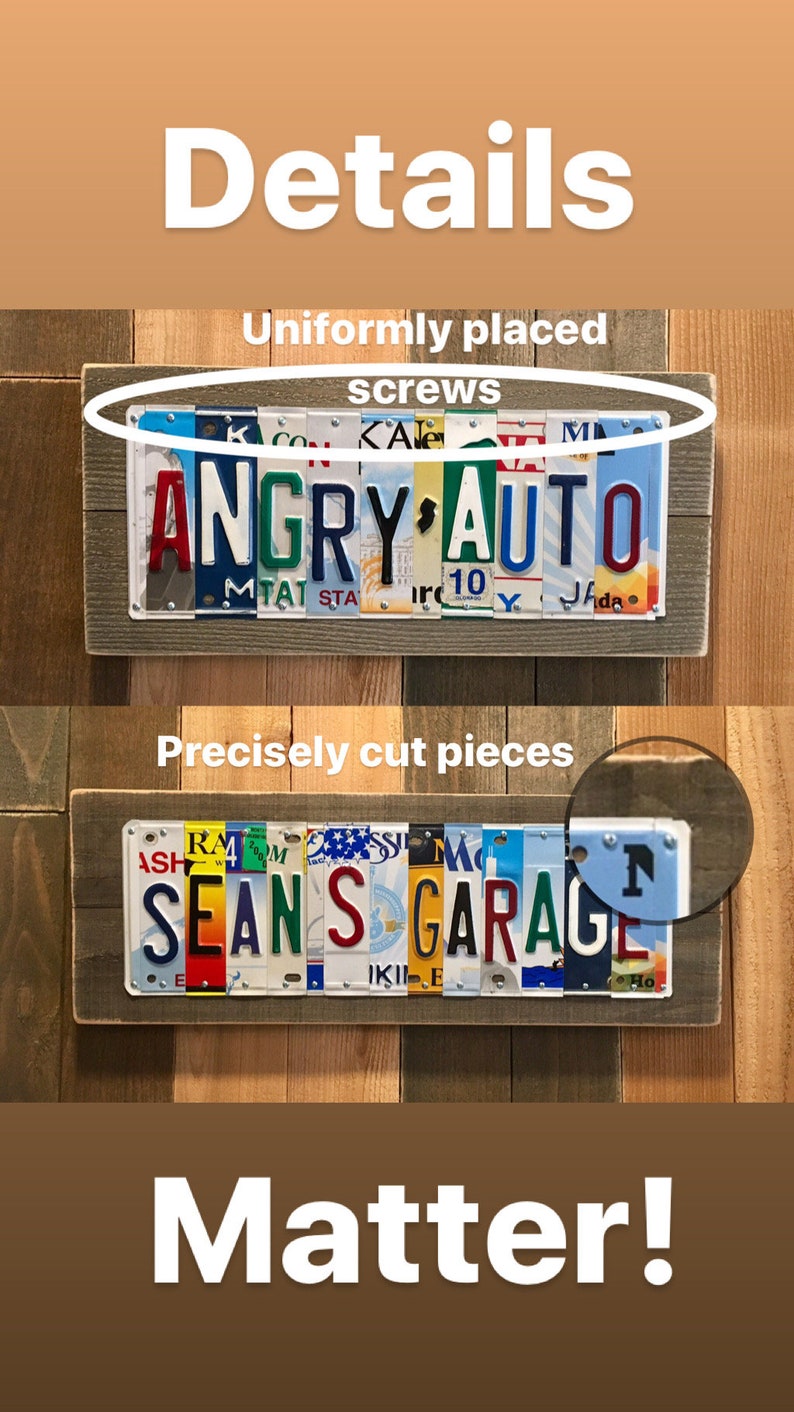 K&ouml;nnte beinhalten: Zwei Holzschildchen mit den Worten "Angry Auto" und "Sean's Garage", die mit Nummernschildern ausgeschrieben sind. Die Nummernschilder sind mit Schrauben am Holz befestigt.