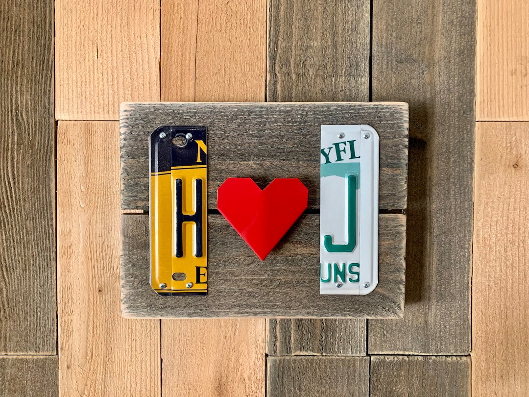Anniversary Gift for Him | Custom License Plate Initials with Red Folded Heart | Personali