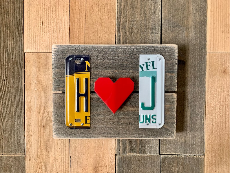 Custom License Plate Initials with Red Folded Heart Unique Birthday Gift for Boyfriend or Girlfriend image 1